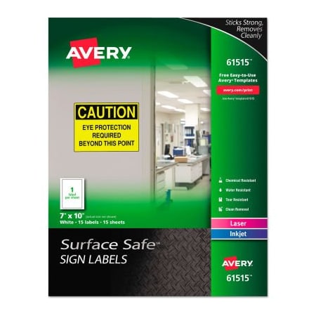 Avery Dennison Avery Surface Safe Sign Labels, 7in x 10in, White, 15/Pack 61515